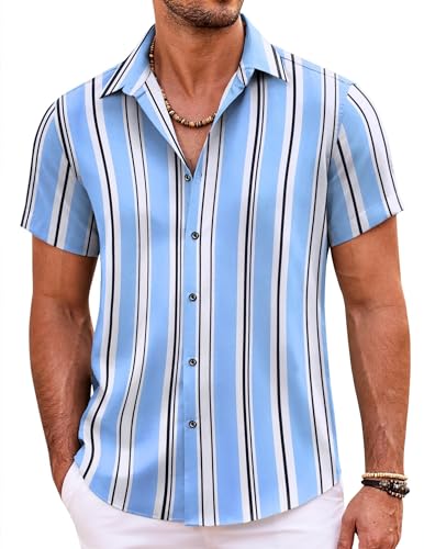 COOFANDY Herren Hawaiihemd Kurzarm Casual Button Down Printed Beach Shirts, Blau, L von COOFANDY