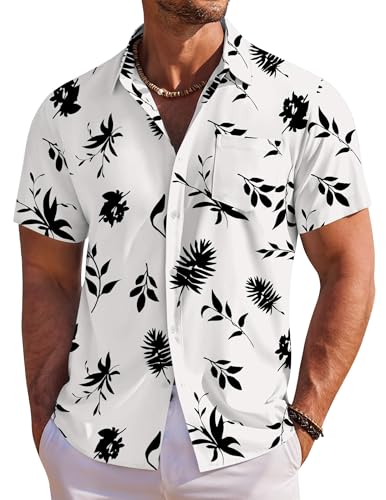 COOFANDY Herren Hawaiihemd Kurzarm Floral Button Down Shirts Tropische Urlaub Strand Shirts, Off White - Leaf, L von COOFANDY