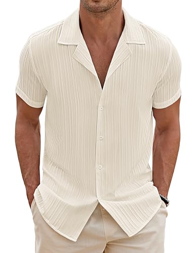 COOFANDY Herren Hawaiihemd Kurzarm Guayabera Hemd Freizeithemd Textured Männer Shirt Knopfleiste Hawaiihemd Beach Shirts Regular Fit Creme Beige M von COOFANDY