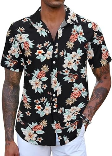 COOFANDY Herren Hawaiihemd Kurzarm Sommerhemd Button Down Freizeithemden Regular Fit Urlaub Shirt Schwarz M von COOFANDY