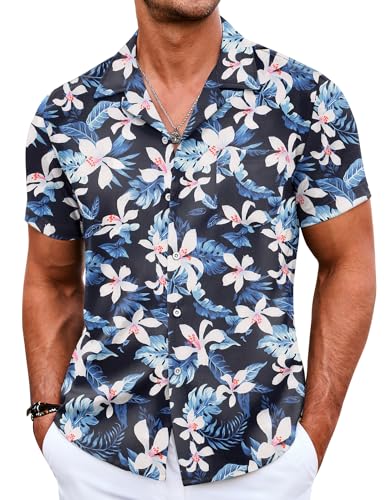 COOFANDY Herren Hawaiihemd Kurzarm Sommerhemd mit Taschen Casual Shirt Strandhemd Kurzarm Hawaii Hemd Männer Urlaubshemd Navyblau Blumen XL von COOFANDY