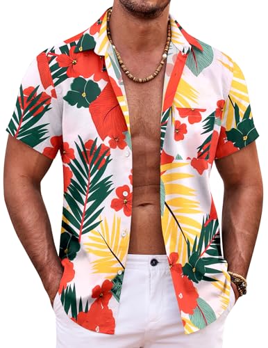 COOFANDY Herren Hawaiihemd Kurzarmhemd Sommer Freizeit Hemd Blumen Slim Fit Strand Hemd Weiße Blumen&Blätter XXL von COOFANDY