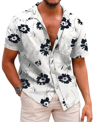 COOFANDY Herren Hawaiihemd Kurzarmhemd Sommer Hemd Freizeit Blumen Shirt Urlaub Strand Hemd Faltenfrei Button Down Hemden Regular Fit Blumen-Weiß-Schwarz S von COOFANDY
