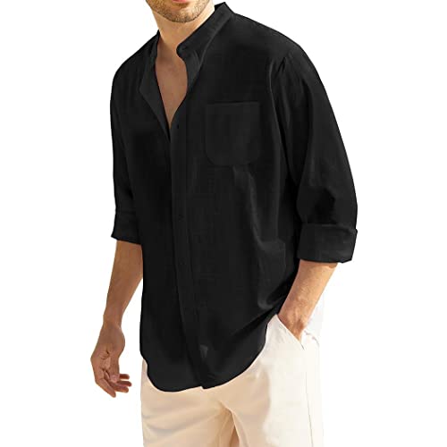 COOFANDY Herren Leinenhemd Langarm Hemden Sommer Stehkragenhemden Henley Casual Baumwolle Hemd Schwarz XXL von COOFANDY