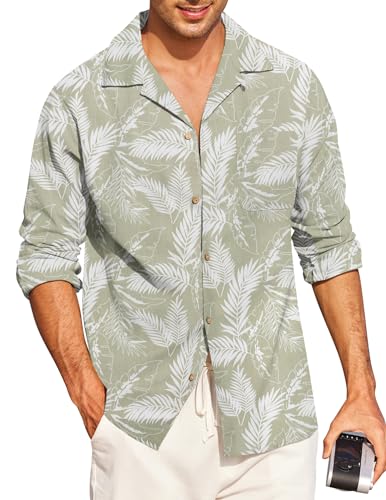 COOFANDY Herren Hawaiihemd Langarm Urlaub Sommer Strand Party Hochzeit Hemd Hawaii Hemd Baumwolle Hemd Regular Fit Grün Palmblatt M von COOFANDY