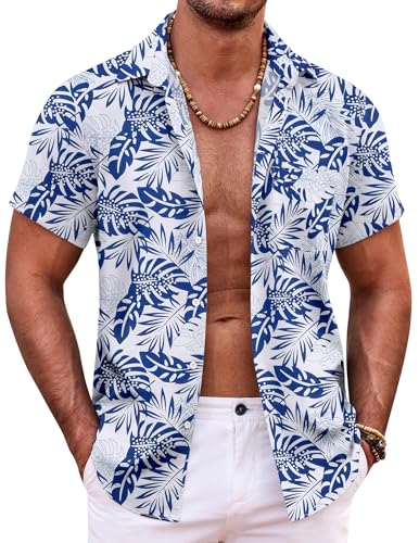 COOFANDY Herren Hawaiihemd Sommer Kurzarmhemd Freizeit Blumen Shirt Urlaub Strandhemd Button Down Regular Fit Hemden Marineblaue Blätter XXL von COOFANDY