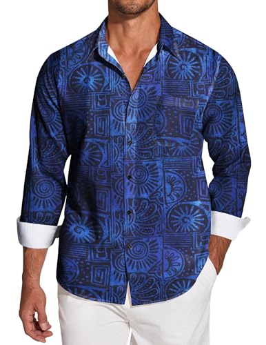 COOFANDY Herren Hawaiihemd Tropisches Hemd Langarm Button Down Floral Kleid Shirts Casual Beach Shirts mit Tasche, Blau, XL von COOFANDY