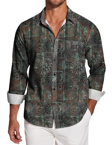 COOFANDY Herren Hawaiihemd Tropisches Hemd Langarm Button Down Floral Kleid Shirts Casual Beach Shirts mit Tasche, Dunkelgrün, XL von COOFANDY