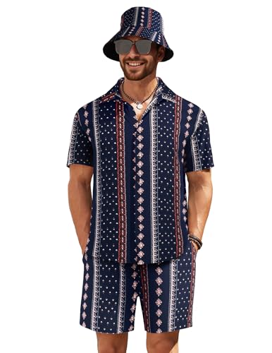 COOFANDY Herren Hawaiihemd und Kurzes Set Blume 2 Stück Strandoutfit mit Bucket Hats, Marineblau, Large von COOFANDY