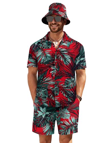 COOFANDY Herren Hawaiihemd und Kurzes Set Blume 2 Stück Strandoutfit mit Bucket Hats, Rote Blätter, L von COOFANDY