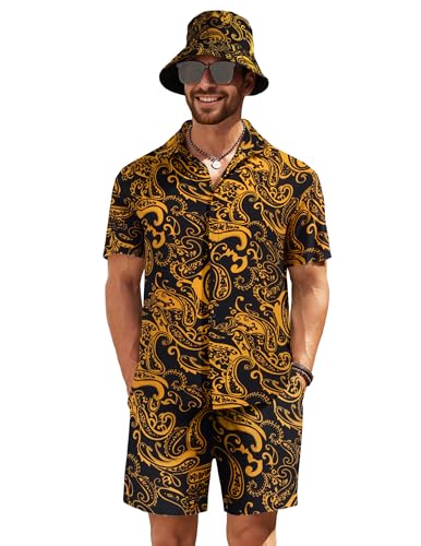 COOFANDY Herren Hawaiihemd und Kurzes Set Blumen 2-teiliges Strandoutfit mit Fischerhüten, Gelb Paisley, X-Large von COOFANDY