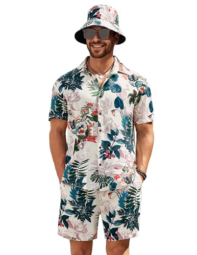 COOFANDY Herren Hawaiihemd und Kurzes Set Blumen 2-teiliges Strandoutfit mit Fischerhüten, Khaki Blätter & Blume, XX-Large von COOFANDY