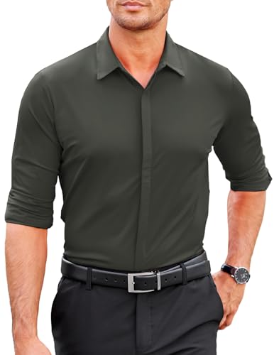 COOFANDY Herren-Hemd, langärmelig, einfarbig, Stretch, knitterfrei, formell, Business, Button-Down-Shirt, Dunkelgrün, L von COOFANDY
