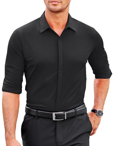 COOFANDY Herren-Hemd, langärmelig, einfarbig, Stretch, knitterfrei, formell, Business, Button-Down-Shirt, Schwarz, L von COOFANDY