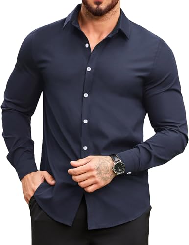COOFANDY Herren Hemd Button Down Regular Fit Langarm Hemd Freizeit Businesshemden Männer Dunkelblau L von COOFANDY