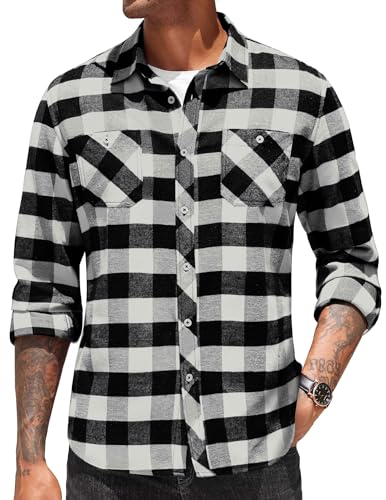 COOFANDY Herren Hemd Flanellhemd Langarm Baumwollhemd Karohemd Holzfällerhemd Kariert Herrenhemd Regular Fit Oberhemden Arbeitshemden Schwarz & Weiß XL von COOFANDY