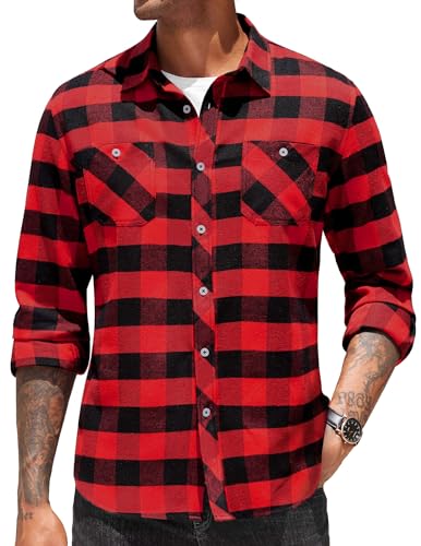 COOFANDY Herren Hemd Flanellhemd Langarm Baumwollhemd Karohemd Holzfällerhemd Kariert Herrenhemd Regular Fit Oberhemden Trachten Hemd Rot & Schwarz L von COOFANDY