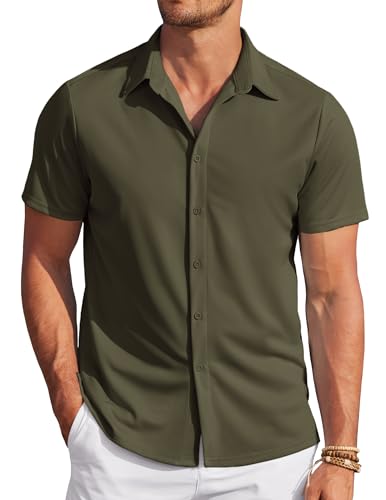 COOFANDY Herren Hemd Hawaii Kurzarm Bügelfrei Freizeithemden Für Herren Sommer Outfit Button Down Einfarbig Hemden Armeegrün M von COOFANDY
