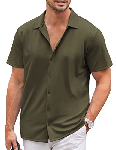 COOFANDY Kurzarmhemd Herren Bügelfrei Hawaii Casual Freizeithemden Für Herren Sommer Outfit Button Down Einfarbig Hemden Armeegrün XXL von COOFANDY