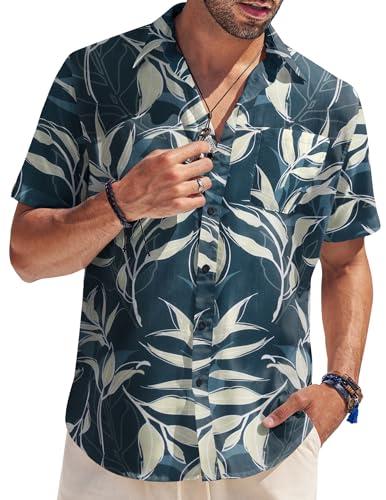 COOFANDY Herren Hemd Kurzarm Hawaii Hemden Sommer Freizeit Floral Hemd Button Down Strandhemd Beach Shirts Aloha Herren Urlaubshemden Reguläre Passform Marineblau und Blätter M von COOFANDY