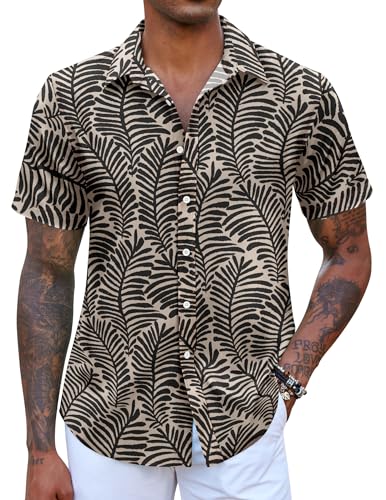 COOFANDY Herren Hemd Hawaii Kurzarm Sommerhemd Urlaub Strand Regular Fit Freizeithemden Beige L von COOFANDY
