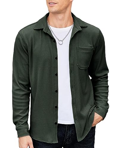 COOFANDY Cord Hemd Herren Langarmhemd Hemdjacke Regular Fit Freizeithemd Casual mit Fronttasche Button Up Winterhemd Einfarbig Armeegrün M von COOFANDY