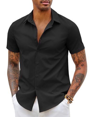 COOFANDY Herren Hemd Kurzarm Bügelfrei Businesshemd Herrenhemd Kurzarm Sommerhemd Freizeithemd Kurzarmhemd Einfarbig Button Down Hemd Slim Fit Schwarz 4XL von COOFANDY