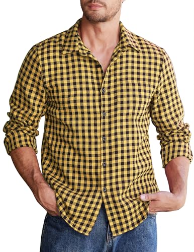 COOFANDY Herren Kariertes Langarmhemd Casual Freizeithemd Basic Flanell Karohemd Regular Fit Trachtenhemden Männer Langarm Arbeitshemd Gelb-Schwarz L von COOFANDY