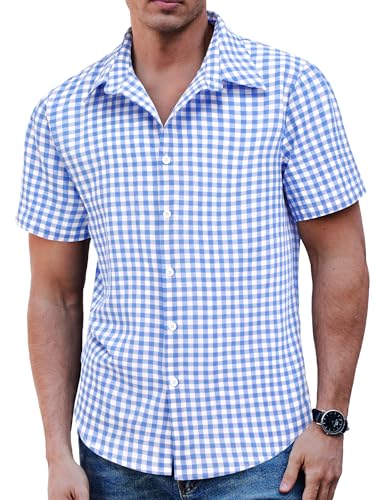 COOFANDY Herren Hemd Kariertes Kurzarm Trachtenhemd Freizeithemd Baumwolle Sommerhemd Regular Fit Weiß Hellblau L von COOFANDY