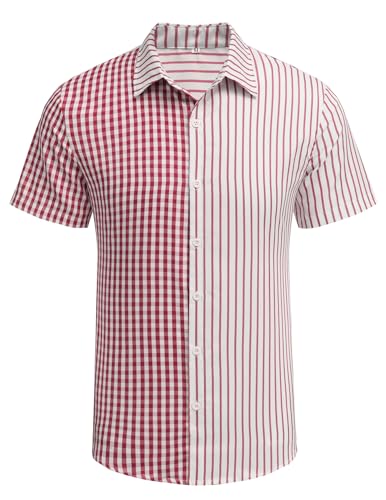 COOFANDY Herren Hemd Kariertes Patchwork Getreift Kurzarm Freizeithemd Sommer Urlaub Casual Regular Fit Button Down Trachtenhemd Rot M von COOFANDY