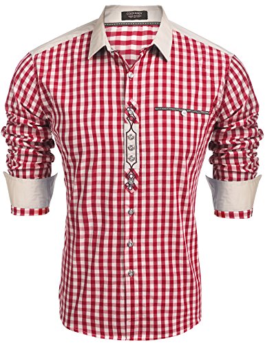 COOFANDY Herren Hemd Karriert Oktoberfest Trachtenhemd Freizeithemden Karohemden Plaid Shirt Oberteil mit Baumwolle für Männer Smoking Hemden winerot 2XL von COOFANDY