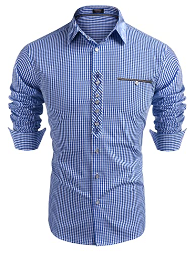 COOFANDY Herren Hemd Karriert Oktoberfest Trachtenhemd Regular Fit Plaid Hemden Freizeit Karohemden Oberteil Baumwolle für Männer Bayrisches Hemd Himmelblau 3XL von COOFANDY