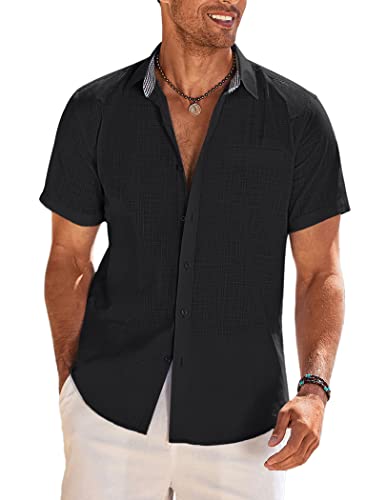 COOFANDY Herren Hemd Baumwolle Leinenhemd Sommer Hemd Kurzarm Regular Fit Freizeithemd Shirts Schwarz XXL von COOFANDY