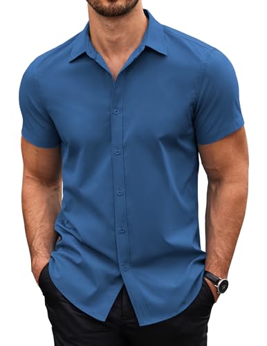 COOFANDY Herren Hemd Kurzarm Bügelfrei Business Hemd Herren Sommerhemden Kurzarmhemden Casual Regular Fit Shirt Sommer Einfarbig Freizeithemd Dunkelblau S von COOFANDY