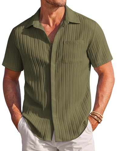 COOFANDY Herren Hemd Kurzarm Bügelfrei Sommerhemd Urlaubshmd Strandhemd Hawaii Hemd Textured Kurzarmhemd Freizeithemd Regular Fit Armeegrün XXL von COOFANDY