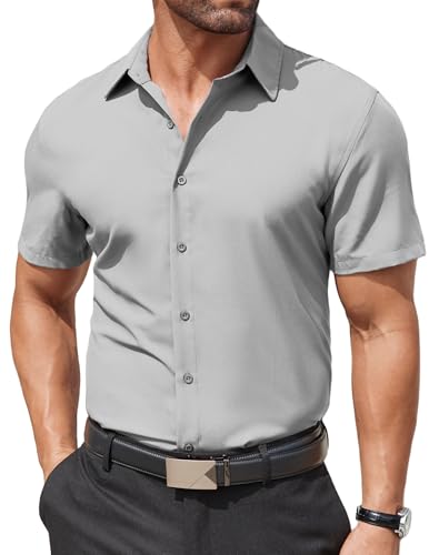 COOFANDY Kurzarmhemd Herren Freizeithemd Bügelfrei Sommer Herrenhemd Kurzarm Businesshemd Männer Hemd Casual Regular Fit Hemden Hellgrau XL von COOFANDY