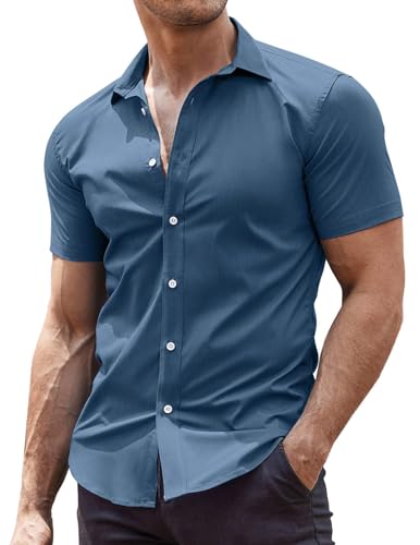 COOFANDY Hemden Herren Kurzarm Herrenhemden Sommerhemd Freizeithemden Bügelfrei Business Hemd Stretch Kurzarmhemd Bürohemd Lässiges Hemd Regular Fit Grau Blau 3XL von COOFANDY