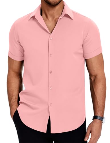 COOFANDY Herren Hemd Kurzarm Button Down Freizeithemden für Sommer Hemd Kent Kragen Stretch Business Hemden Bügelfrei Rosa XL von COOFANDY