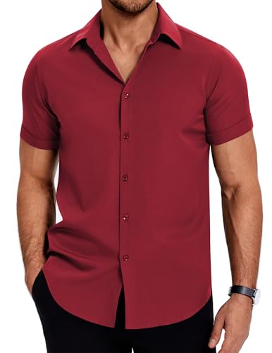 COOFANDY Hemd Herren Kurzarm Sommer Leicht Hemden Regular Fit Freizeit Herrenhemd Bügelfrei Business Hemd Weinrot XXL von COOFANDY