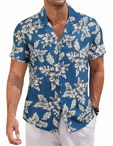 COOFANDY Herren Kurzarmhemd Kuba Kragen Hemd Kurzarm Casual Freizeithemd Männer Haiwaiihemd Gestreiftes Guayabera Shirt PAT6 L von COOFANDY