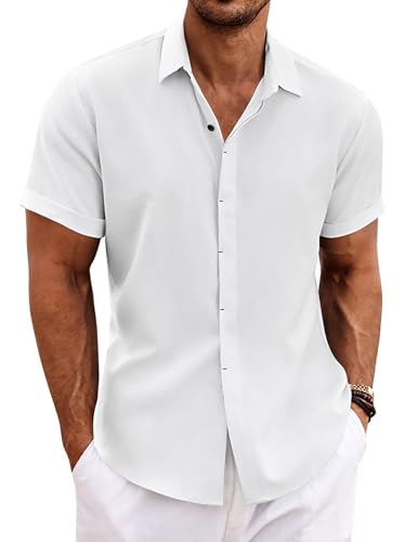 COOFANDY Herren Hemd Kurzarm Freizeit Leinenhemd Sommer Strandhemd Regular Fit Button Down Hemd Weiß S von COOFANDY