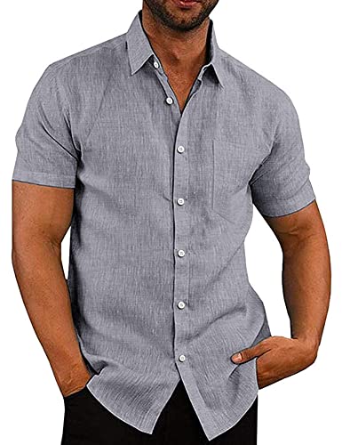 COOFANDY Herren Hemd Kurzarm Freizeit Regular Fit Leinenhemd aus Baumwollmischung Sommer Hemden Männe Kurzarmhemd Businesshemden Freizeithemden Grau XL von COOFANDY