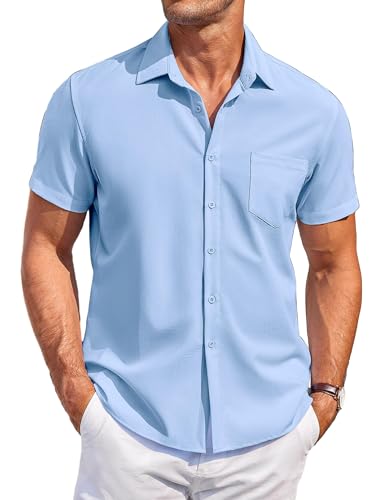 COOFANDY Herren Hemd Kurzarm Freizeithemd Bügelfrei Business Hemd Sommer Hemd Casual Strand Hemd Kurzarmhemd Button Down Hemd mit Tasche Hellblau 3XL von COOFANDY