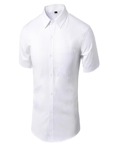COOFANDY Herren Hemd Kurzarm Freizeithemd Businesshemd Casual Regular Fit Shirt Strand Hemd Kurzarmhemd Hemd mit Brusttasche Weiß mit Taschen L von COOFANDY