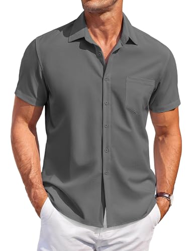 COOFANDY Herren Hemd Kurzarm Freizeithemd Businesshemd Sommer Hemd Casual Regular Fit Shirt Strand Hemd Kurzarmhemd Button Down Hemd mit Tasche Dunkelgrau L von COOFANDY