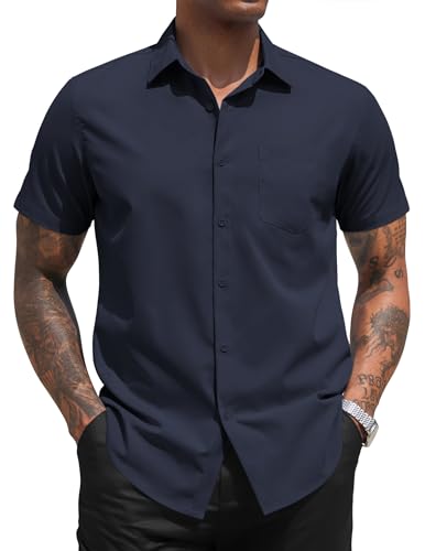 COOFANDY Herren Hemd Kurzarm Hemden Casual Business Freizeithemden für Herren Regular Fit Kurzarmhemd Sommerhemd Kurzarm Hochzeitshemd Büro Hemd Einfarbig Dunkelmarineblau L von COOFANDY