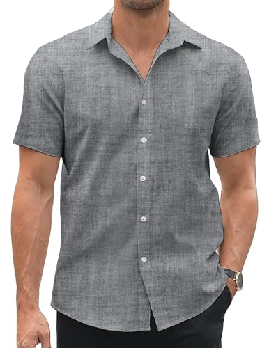 COOFANDY Herren Hemd Kurzarm Freizeithemd Leinenhemd Sommer Casual Regular Fit Kurzarmhemd Sommerhemd Oxford Shirt Dunkelgrau M von COOFANDY