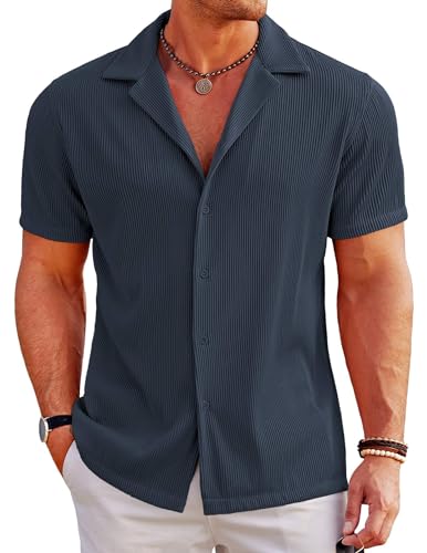 COOFANDY Herren Hemd Kurzarm Freizeithemd Sommerhemd Regular Fit Casual Business Hemd Strandhemden Einfarbig Basic Blau lila L von COOFANDY