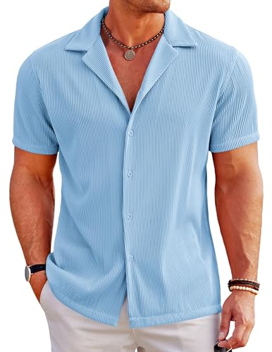 COOFANDY Herren Hemd Kurzarm Freizeithemd Sommerhemd Regular Fit Casual Business Hemd Strandhemden Einfarbig Basic Hellblau-1 S von COOFANDY