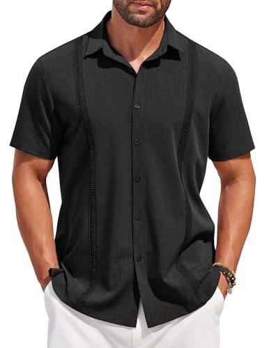 COOFANDY Herren Hemd Kurzarm Freizeithemd Sommerhemd Strandhemden Regular Fit Casual Urlaubshemd Button Down Einfarbig Schwarz L von COOFANDY